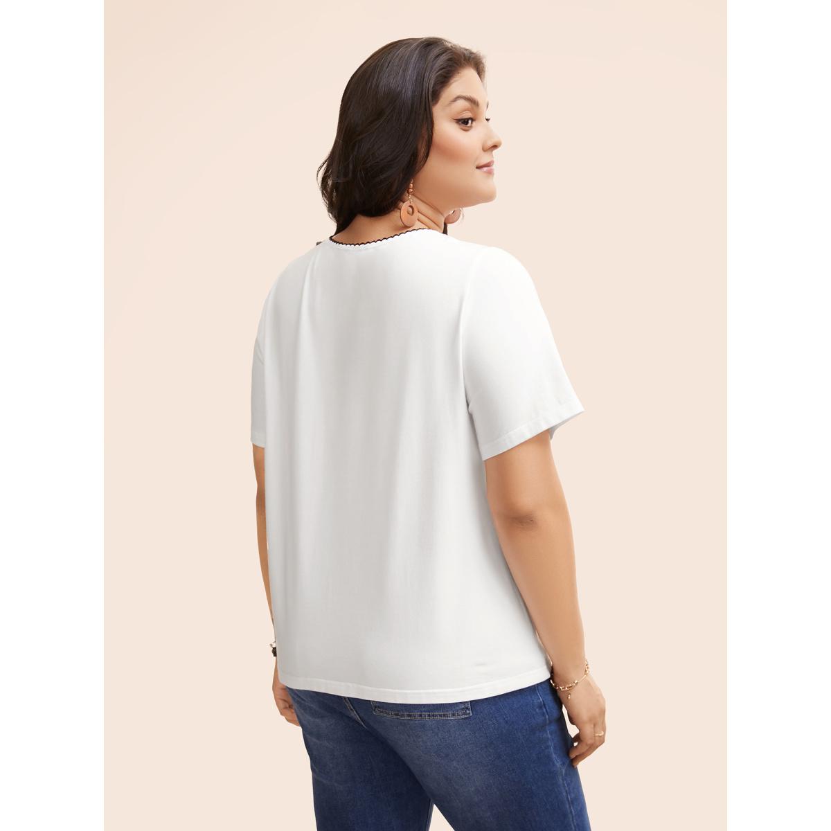 Plus Size Round Neck Embroidered Shirred T-shirt Originalwhite Women Resort Woven ribbon&lace trim Art&design Round Neck Vacation T-shirts BloomChic 12/L Product Image