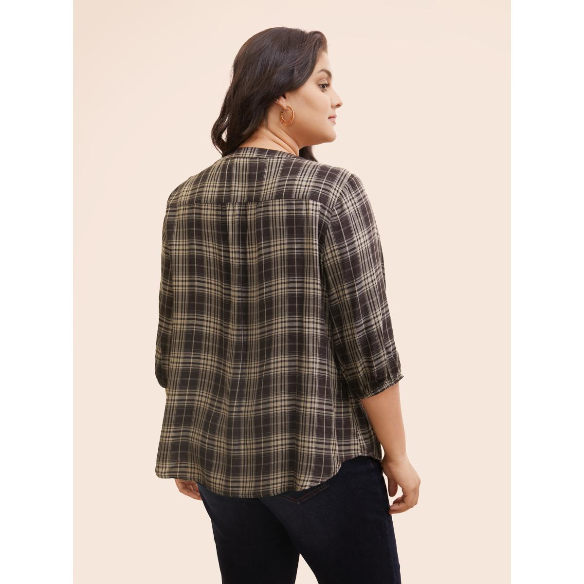 Plus Size DarkBrown Plaid Pleated Button Placket Blouse Women Elegant Elbow-length sleeve Flat collar with V-notch Everyday Blouses BloomChic 22-24/3X Product Image
