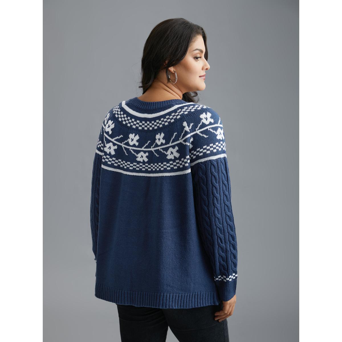 Plus Size Floral Cable Knit Raglan Sleeve Pullover Navy Women Casual Loose Long Sleeve Round Neck Everyday Pullovers BloomChic 12/L Product Image