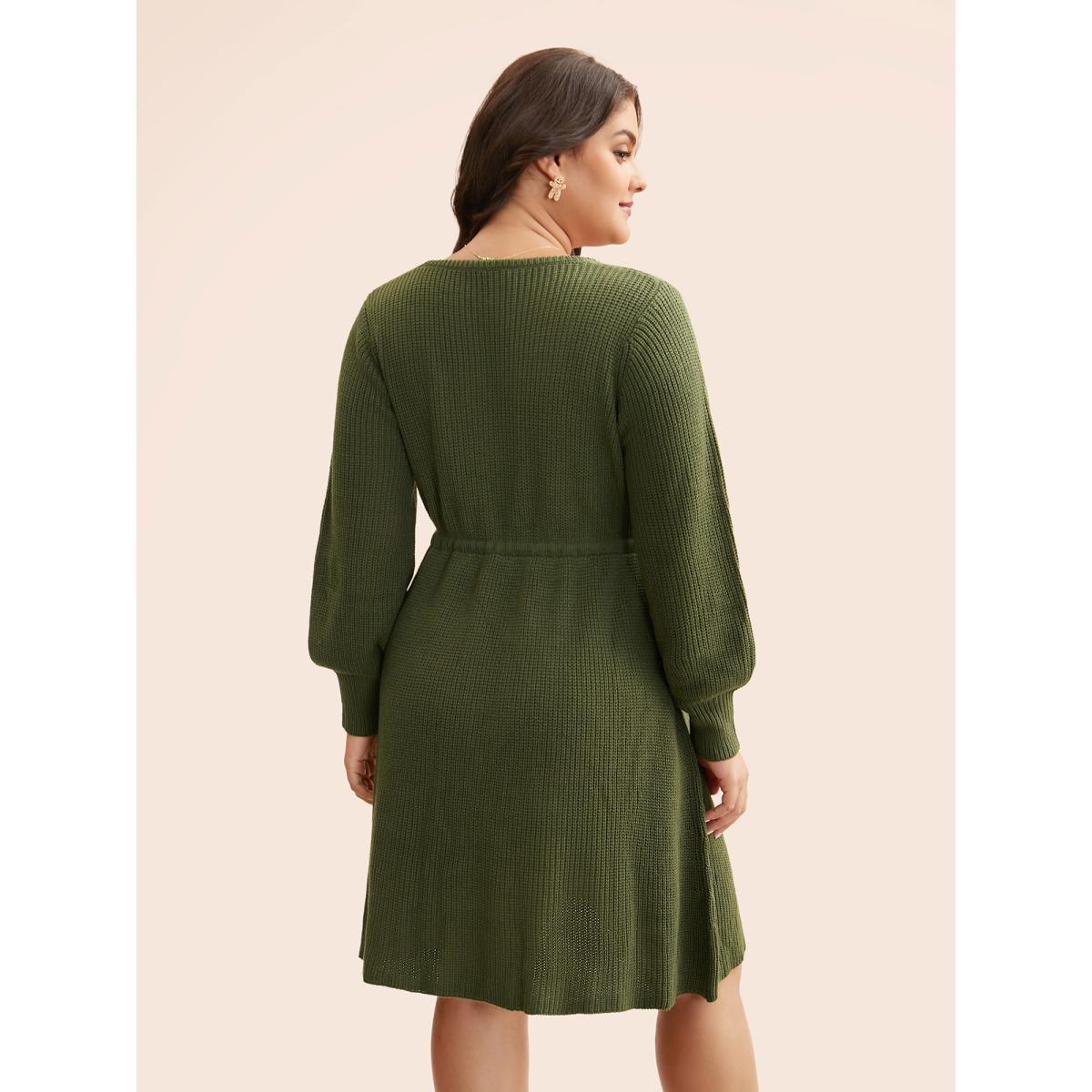Plus Size Square Neckline Waist-Tie Midi Sweater Dress ArmyGreen Women Casual Bodycon Long Sleeve Everyday Sweater Dresses BloomChic 26/4X Product Image