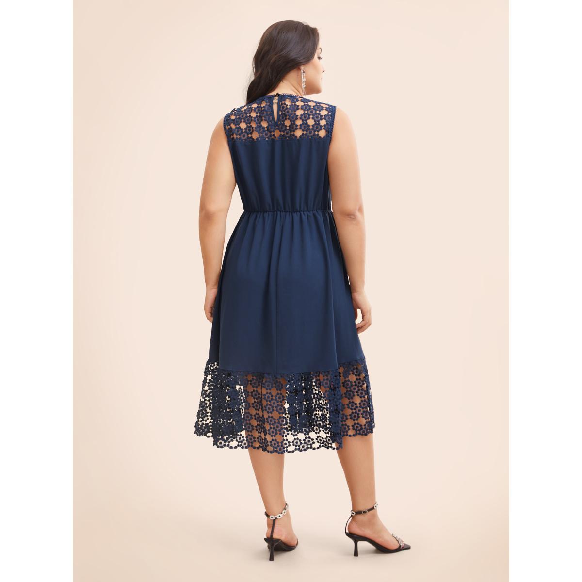 Plus Size Lace Panel Elastic Waist Sleeveless Dress DarkBlue Women Formal Woven ribbon&lace trim Party Curvy Bloomchic 30/6X Product Image
