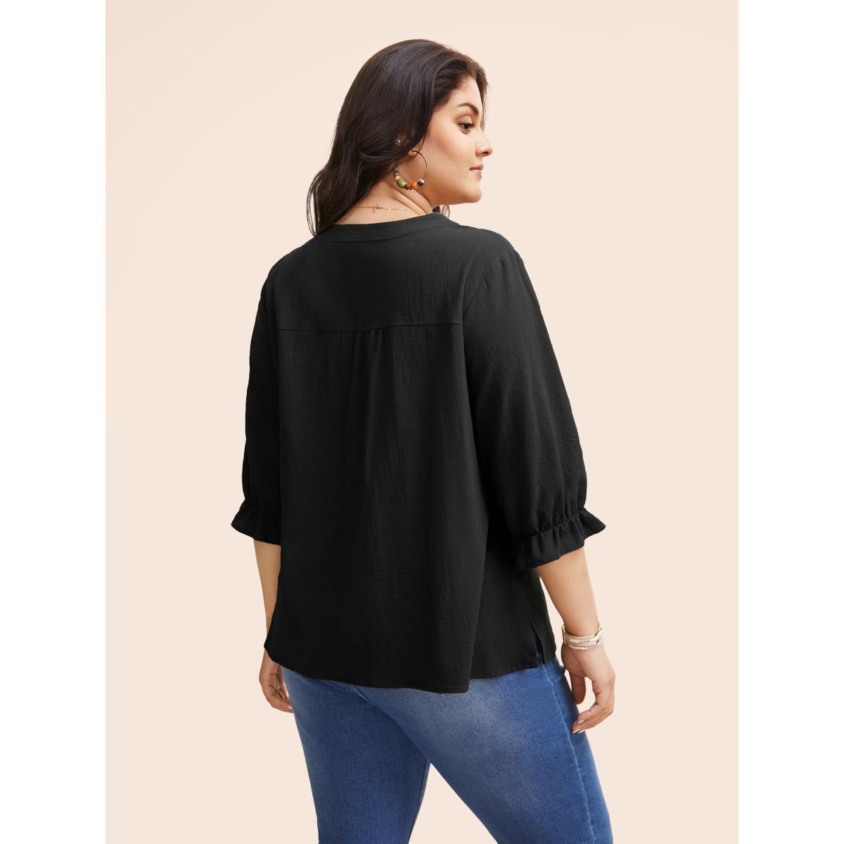 Plus Size Black Broderie Anglaise Tie Knot Lantern Sleeve Blouse Women Resort Elbow-length sleeve Notched collar Vacation Blouses BloomChic 28/5X Product Image