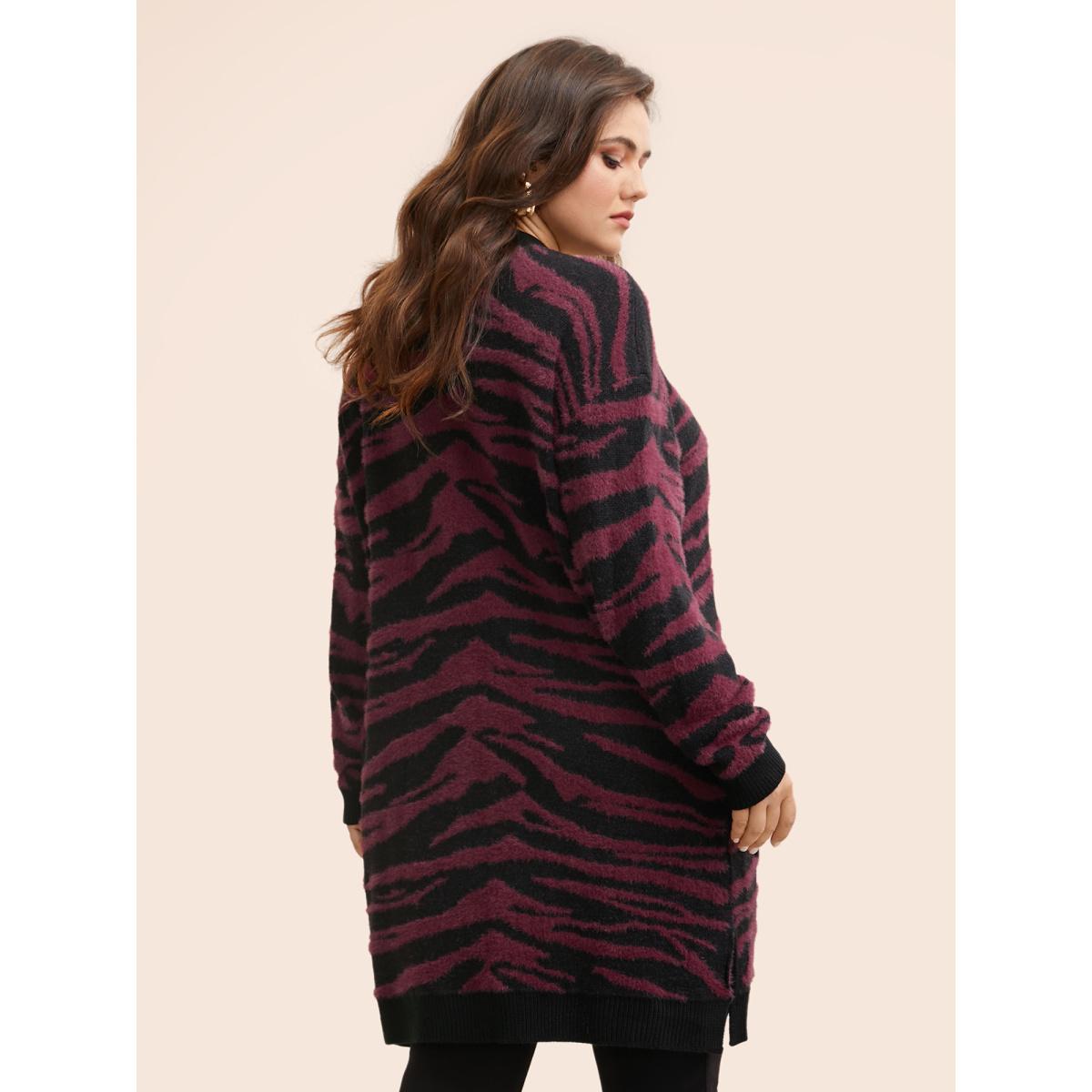 Plus Size Zebra Print Fluffy Patch Pocket Cardigan Black Women Elegant Loose Long Sleeve Everyday Cardigans BloomChic 30/6X Product Image