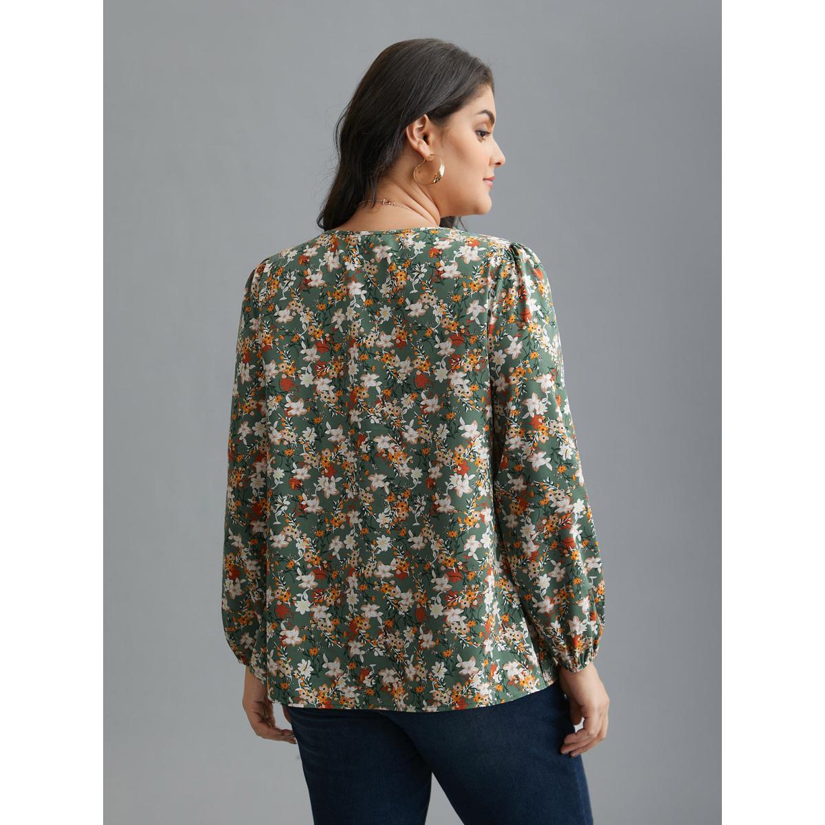 Plus Size Sage Floral Lace Panel Lantern Sleeve Blouse Women Elegant Long Sleeve V-neck Everyday Blouses BloomChic 10/M Product Image