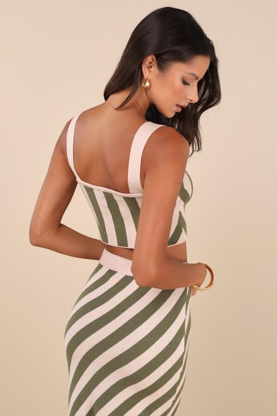 Trending Muse Beige and Green Striped Knit Two-Piece Midi Dress Product Image