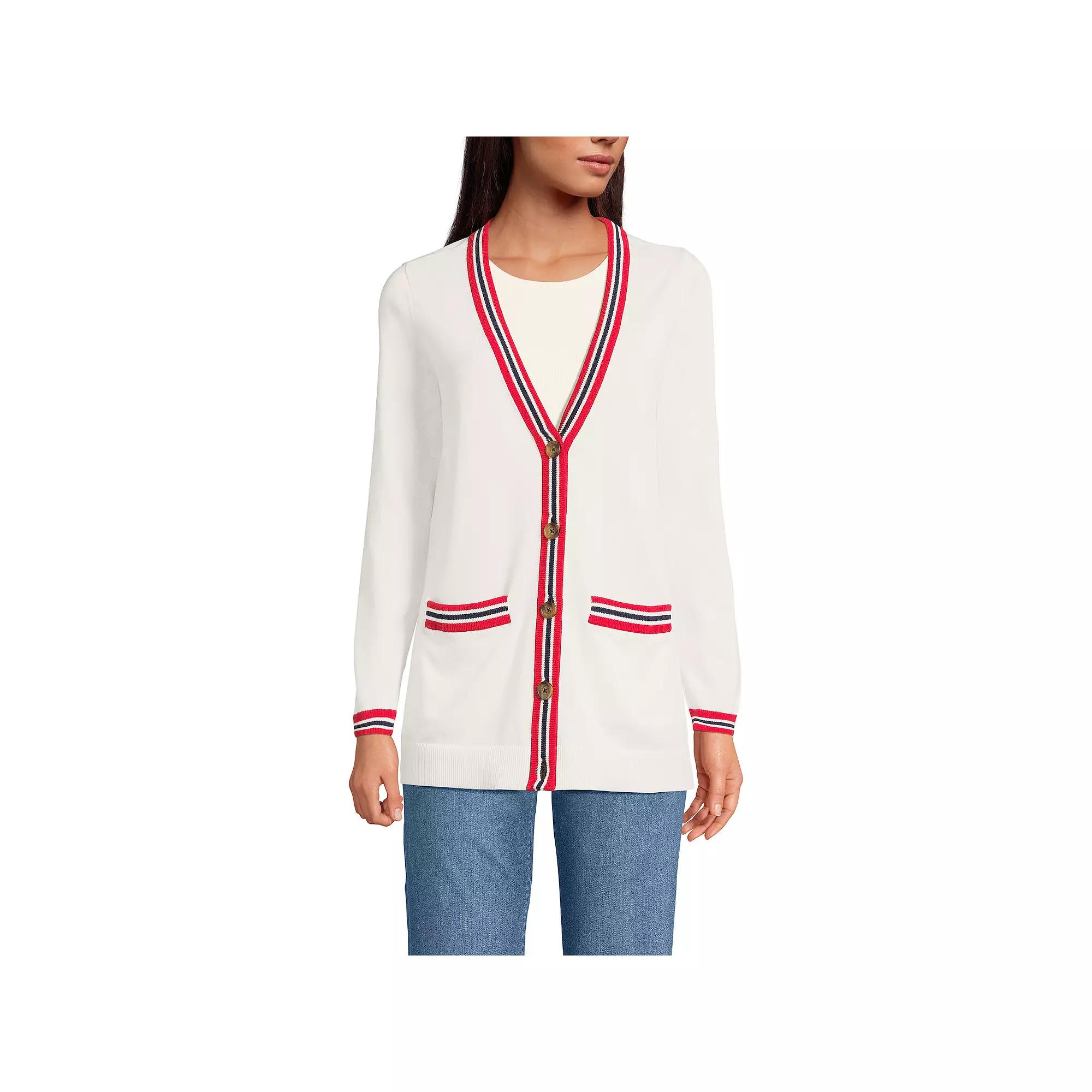 Women's Lands' End Cotton V-Neck Cardigan Sweater, Size: Large, Red Blue Tip Stripe Product Image