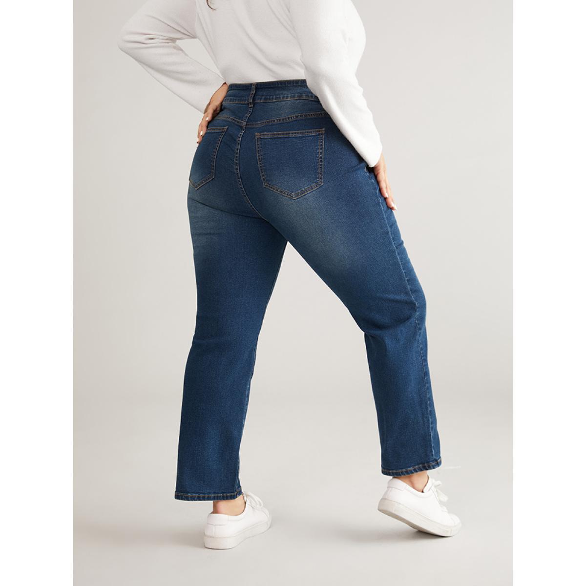 Plus Size Double Button Detail Straight Leg Jeans Women Blue Casual Plain Plain High stretch Pocket Jeans BloomChic 20/2X Product Image