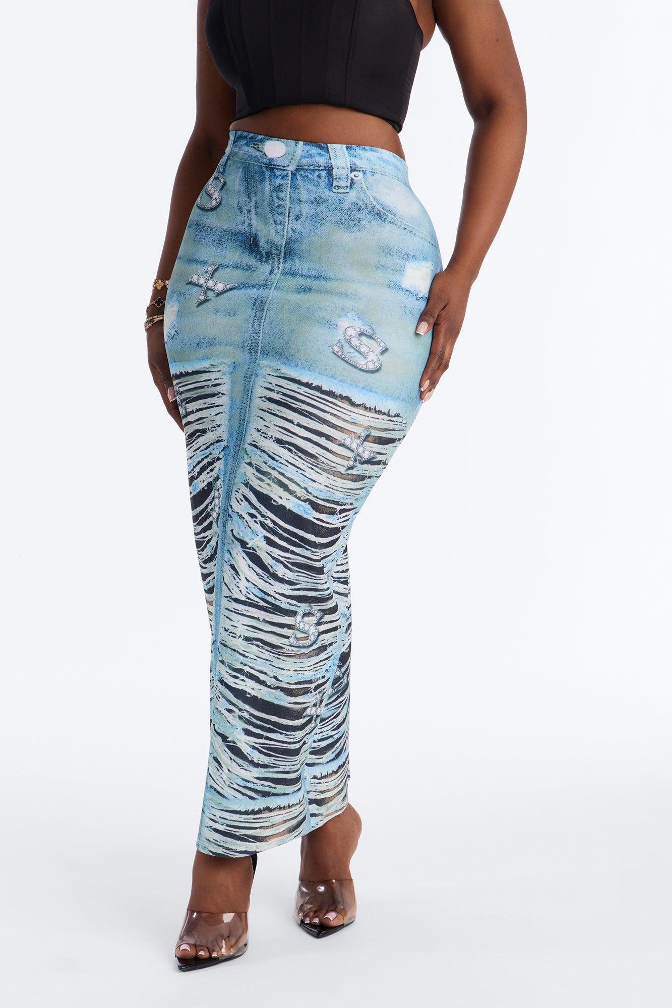 Bling Behavior Printed Knit Ankle Maxi Skirt - Blue/combo Female Product Image