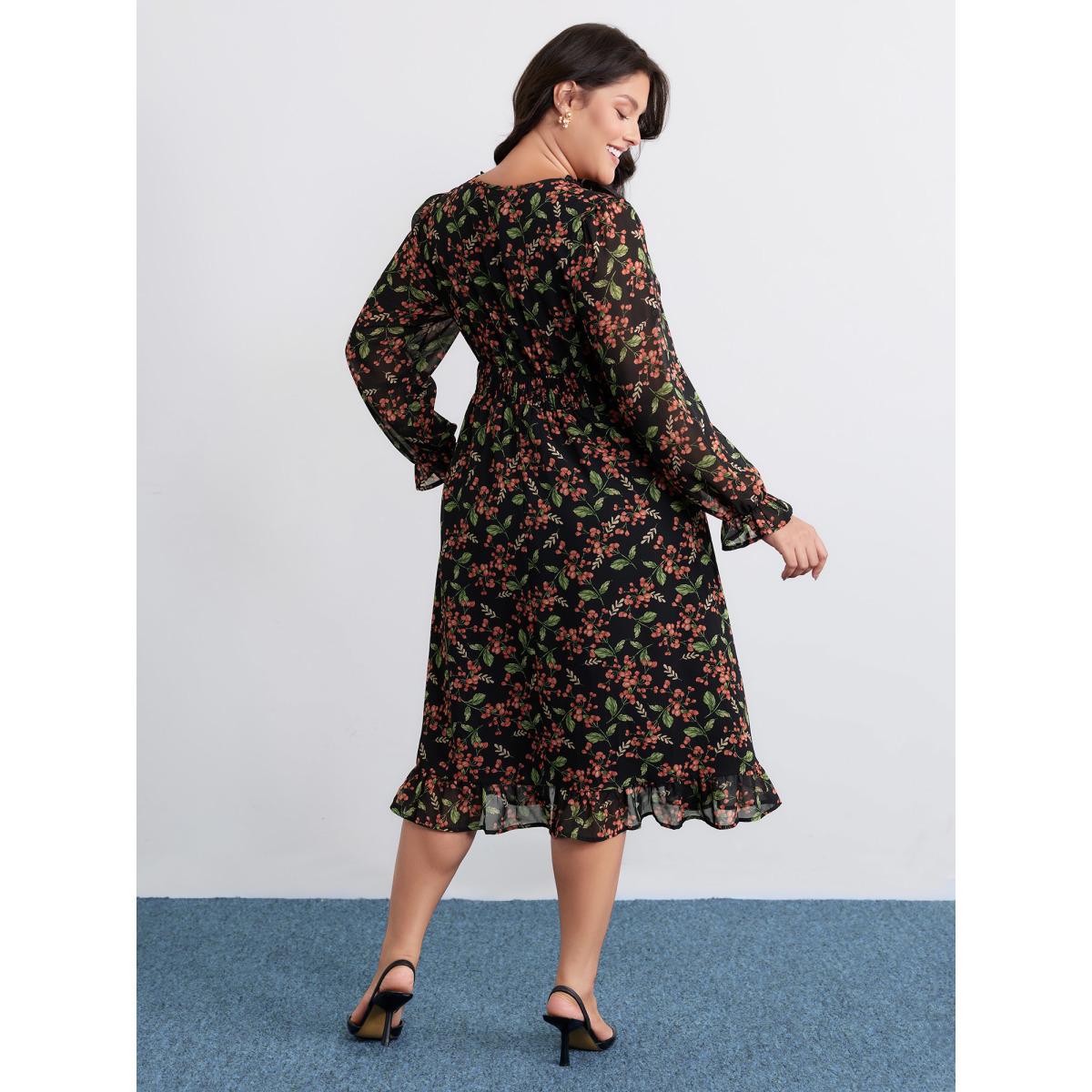 Plus Size Chiffon Floral Ruffled Trim Pockets Midi Dress Black Women Romantic Overlapping Overlap Collar Long Sleeve Curvy BloomChic 10/M Product Image