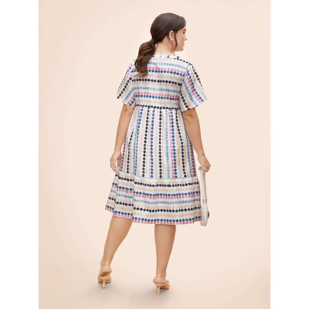 Plus Size Dot Print Elastic Waist Split Neck Midi Dress WhiteSmoke Women Playful Ruffles Flat collar with V-notch Short sleeve Curvy BloomChic 26/4X Product Image