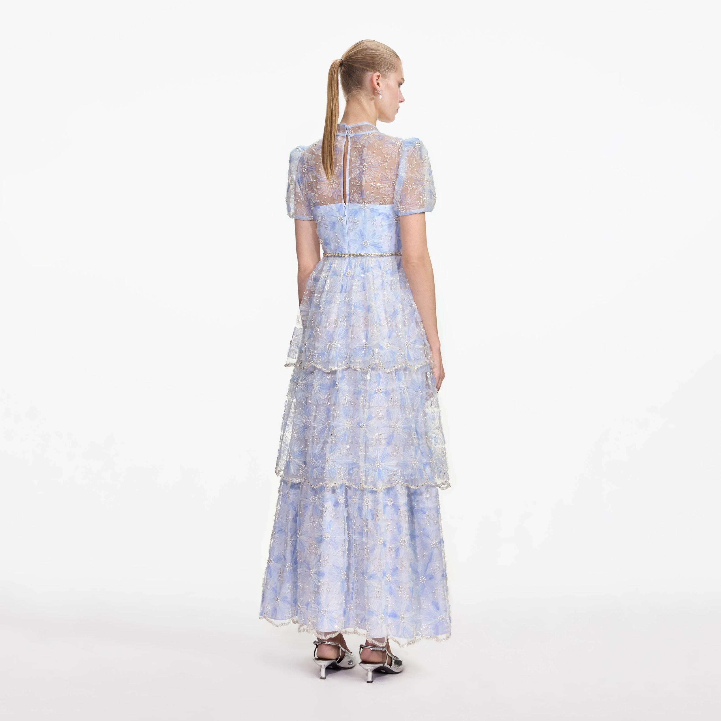 Blue Beaded Sequin Lace Maxi Dress Product Image