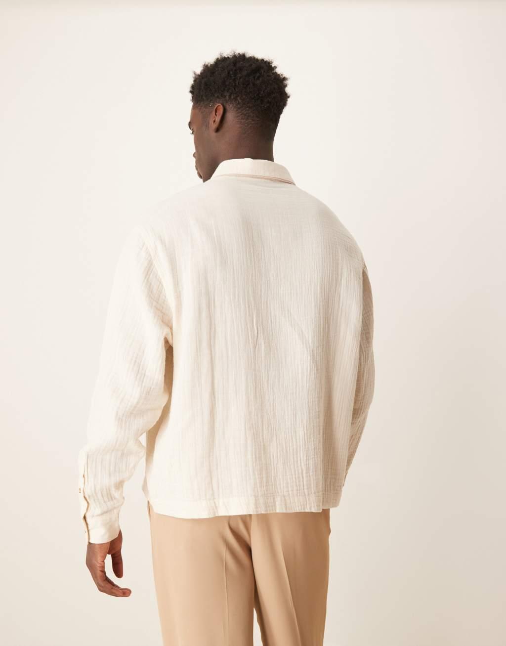 ASOS DESIGN boxy textured regular shirt with piping detail in beige Product Image