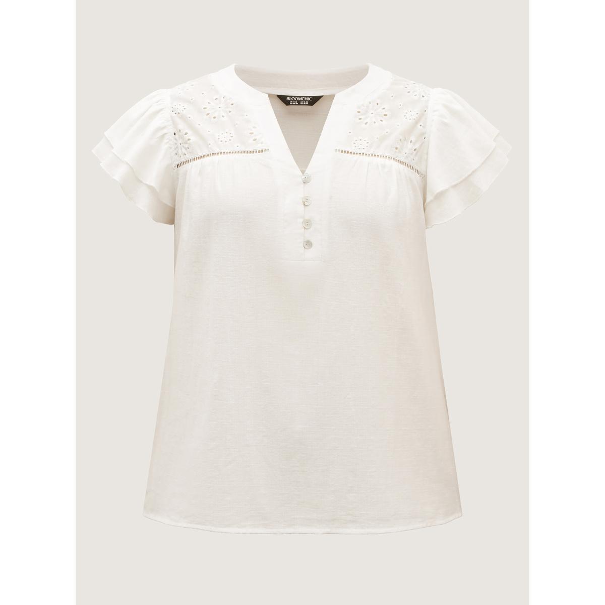 Plus Size Originalwhite Cotton Lace Eyelet Trim Layered Sleeve Blouse Women Boho Cap Sleeve Flat collar with V-notch Vacation Blouses BloomChic 18-20/2X Product Image