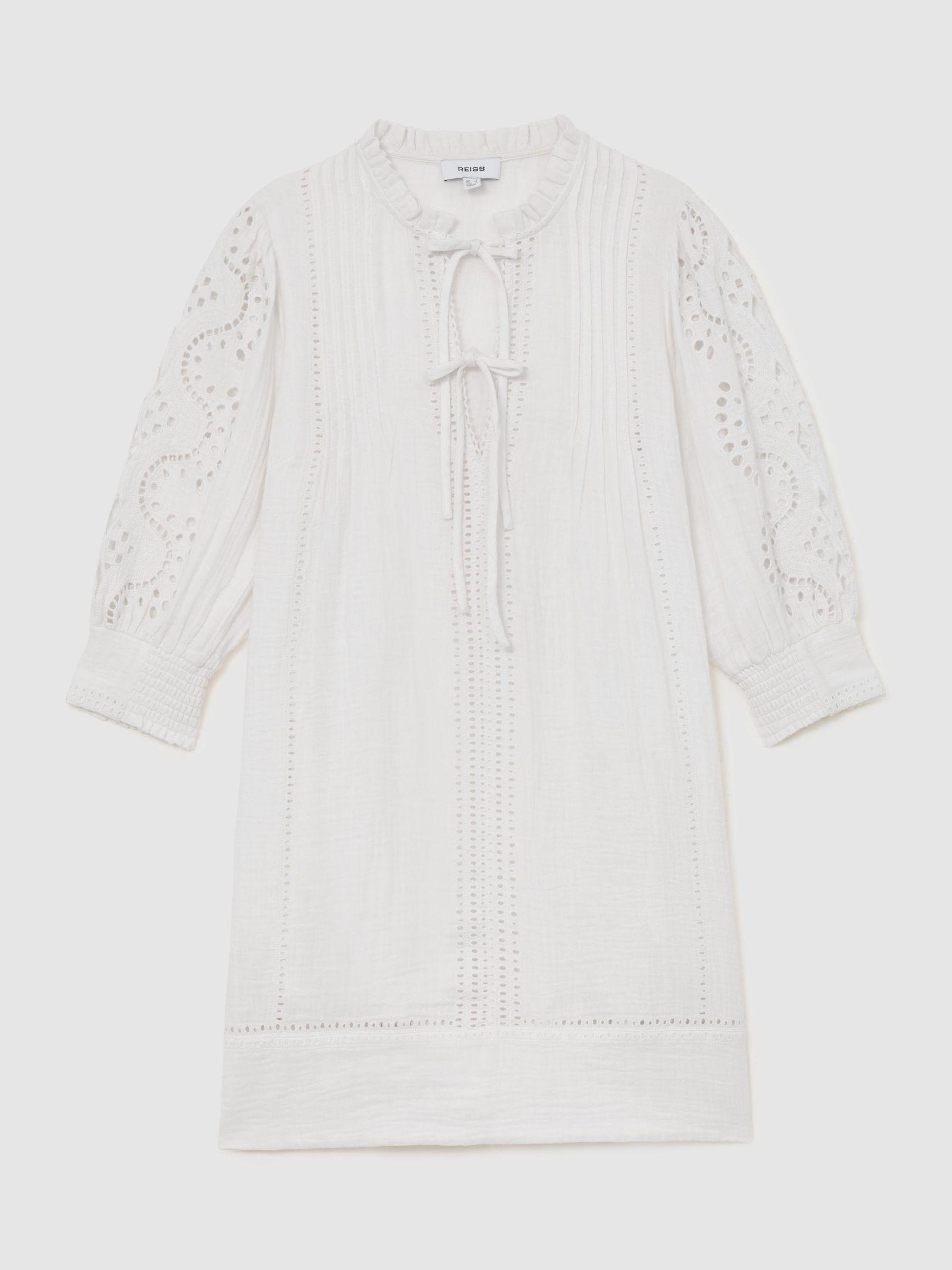 Cotton Cheesecloth Broderie Mini Dress in Ivory Product Image