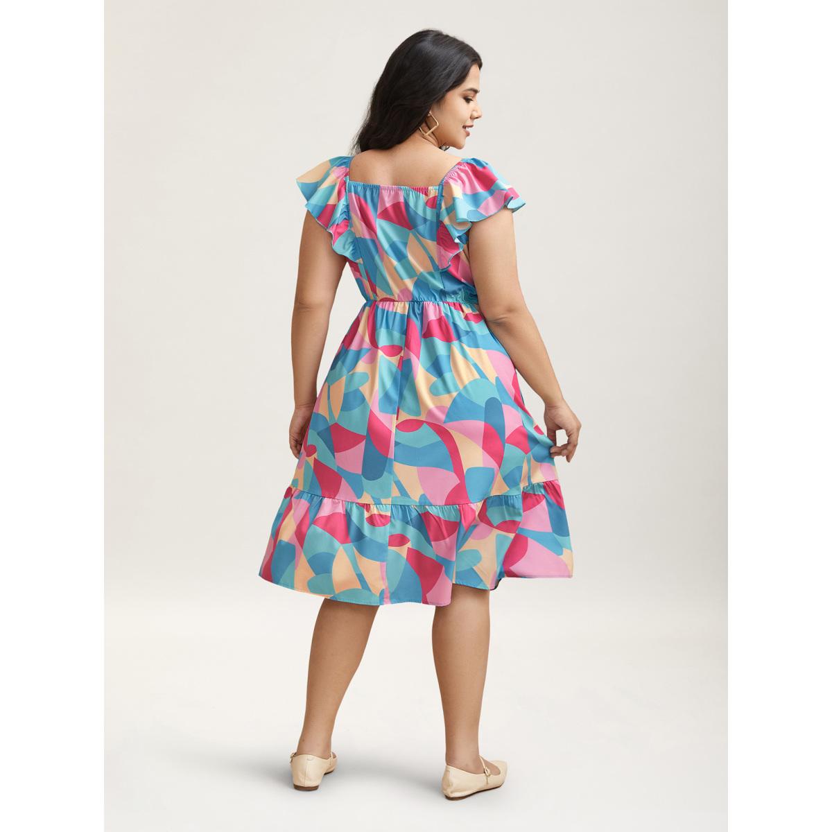 Plus Size Flutter Sleeve Color Block Shirred Stretchy Midi Dress Multicolor Women Casual Shirred Square Neck Cap Sleeve Curvy BloomChic 14-16/1X Product Image