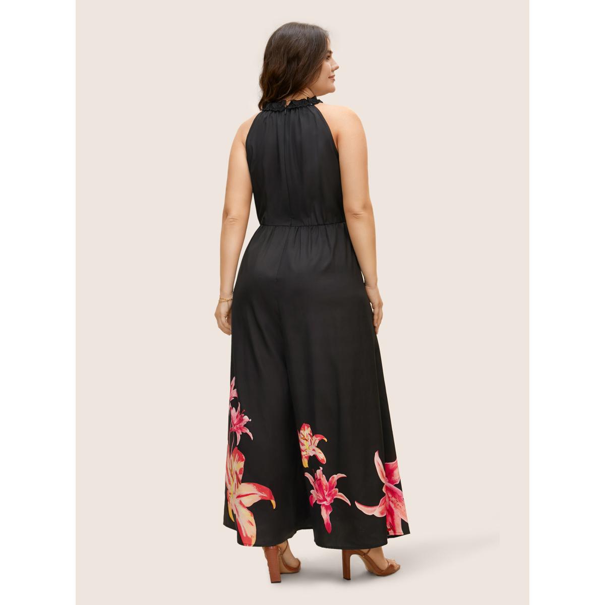 Plus Size Black Lily Print Frill Trim Tie Knot Jumpsuit Women Elegant Sleeveless Round Neck Everyday Loose Jumpsuits BloomChic 28/5X Product Image