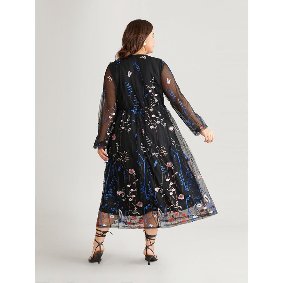 Plus Size Floral Embroidered Mesh Lantern Sleeve Pocket Midi Dress Black Women Glamour Embroidered Round Neck Long Sleeve Curvy Midi Dress BloomChic 14-16/1X Product Image