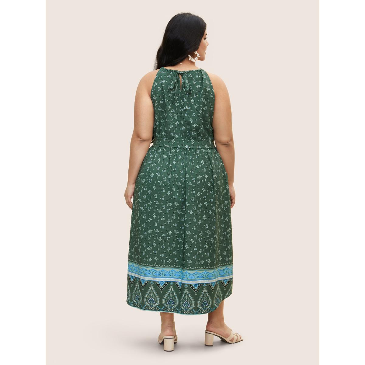 Plus Size Bandana Print Halter Neck Tie Knot Dress Moss Women Resort Gathered Halter neck Sleeveless Curvy BloomChic 22-24/3X Product Image