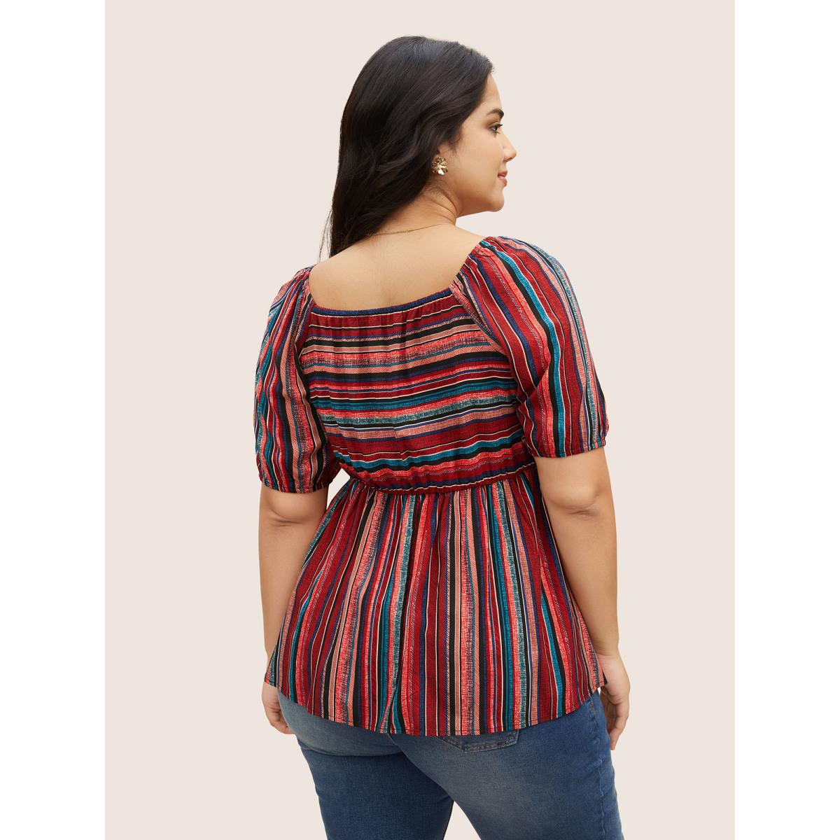 Plus Size Multicolor Striped Heart Neckline Lantern Sleeve Blouse Women Elegant Short sleeve Heart neckline Everyday Blouses BloomChic 12/L Product Image