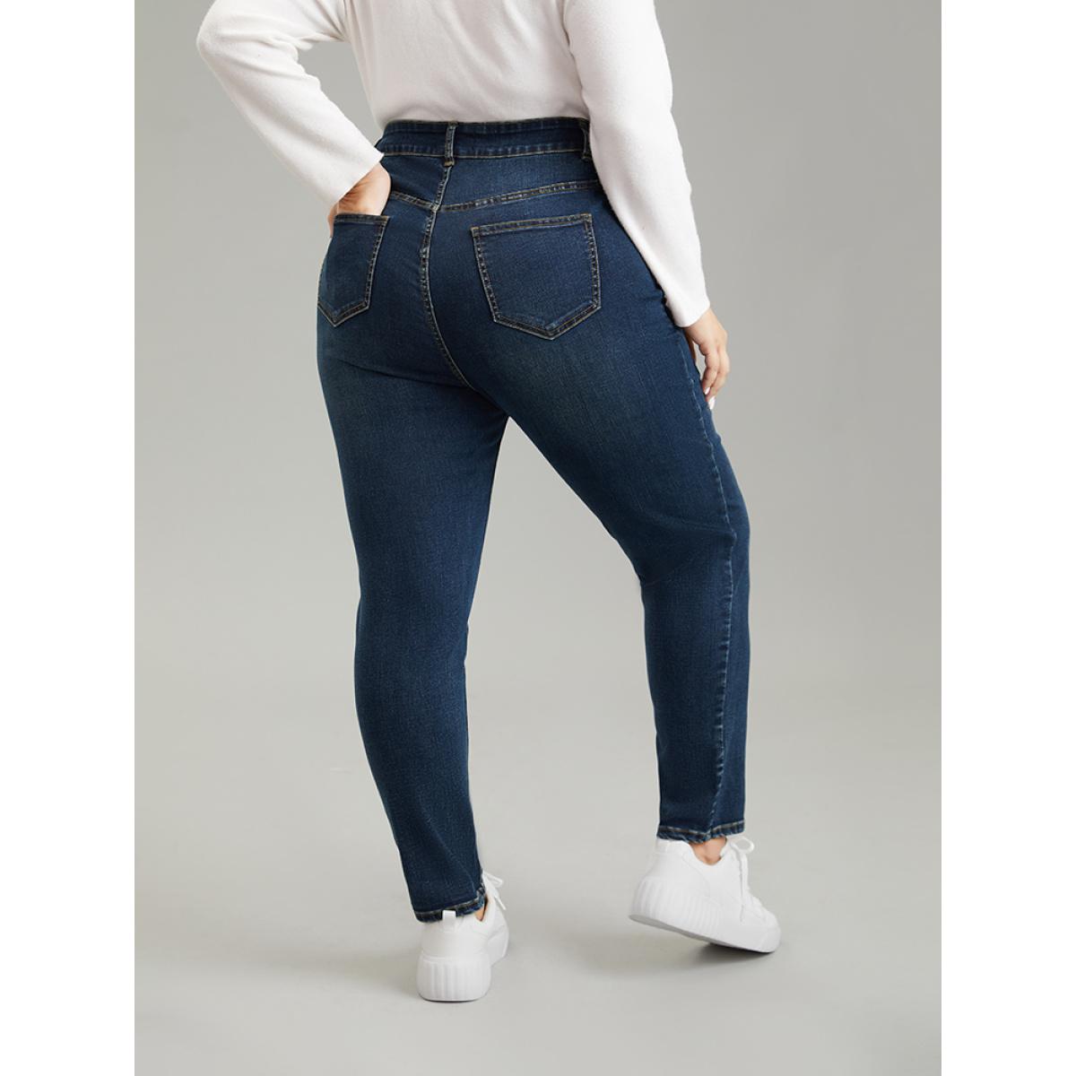 Plus Size Dark Wash Button Up Zipper Fly High Jeans Women Midnight Casual Plain Plain High stretch Pocket Jeans BloomChic 26/4X Product Image