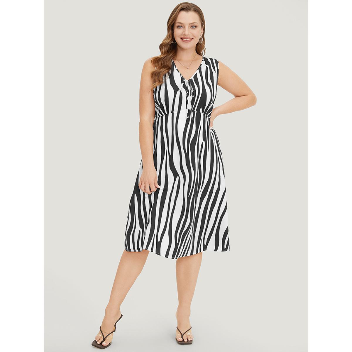Plus Size Zebra Print Ruffle Sleeveless Pocket Knot Neck Dress Black Women Elegant V-neck Sleeveless Curvy Knee Dress BloomChic 12/L Product Image