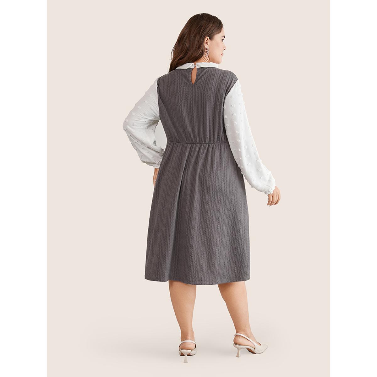 Plus Size Peter Pan Collar Contrast Textured Patchwork Dress Gray Women Office Elastic cuffs Peter Pan Collar Long Sleeve Curvy Midi Dress BloomChic 18-20/2X Product Image