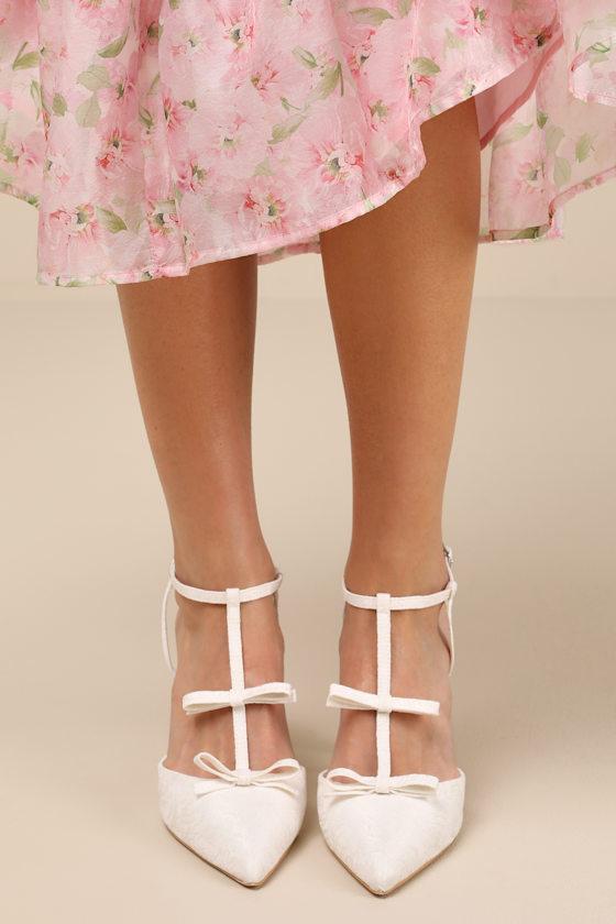 Kirbie White Satin T-Strap Bow Pumps Product Image