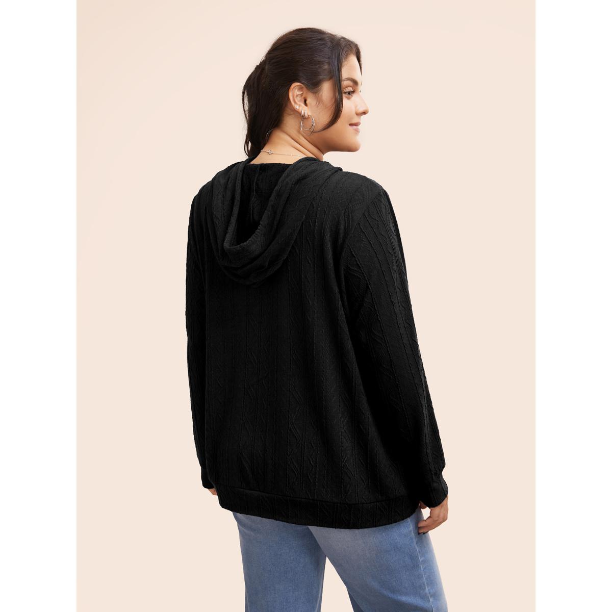 Plus Size Plain Textured Hooded Drawstring Sweatshirt Women Black Casual Elastic cuffs Hooded Everyday Sweatshirts BloomChic 12/L Product Image