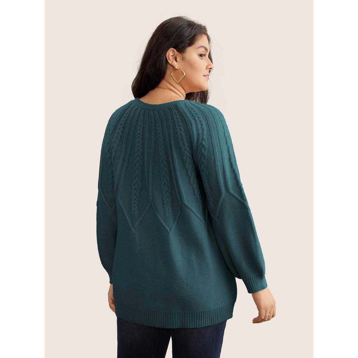 Plus Size Solid Textured Lantern Sleeve Pullover Cyan Women Leisure Long Sleeve Round Neck Casual Pullovers BloomChic 18-20/2X Product Image
