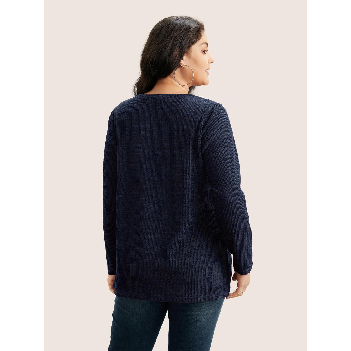 Plus Size Solid Rib Knit Button Detail T-shirt Blue Women Leisure Non Plain V-neck Casual T-shirts BloomChic 18-20/2X Product Image