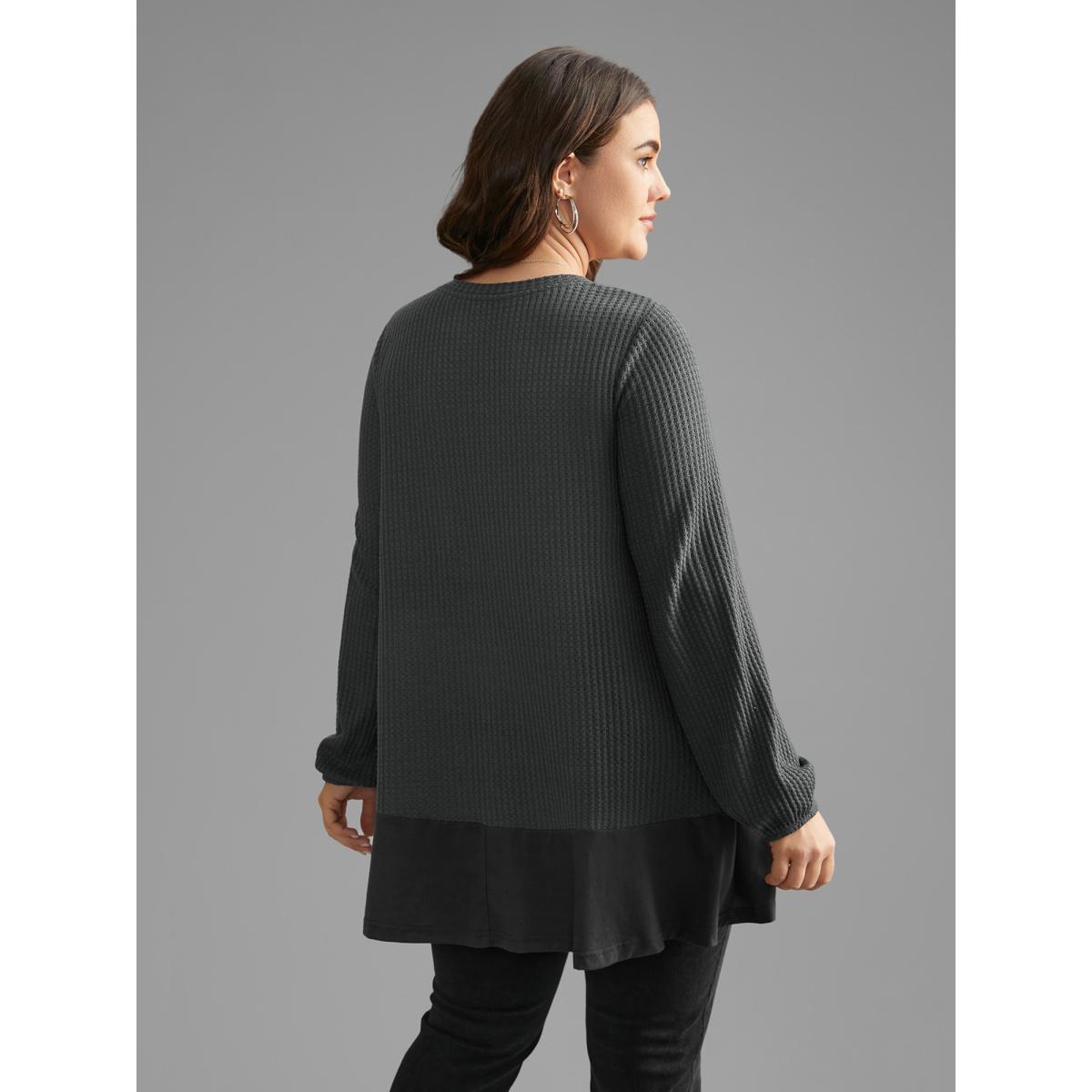 Plus Size Waffle Knit Patchwork High Low Hem T-shirt DimGray Women Casual Texture Round Neck Loose Everyday T-shirts BloomChic 14-16/1X Product Image