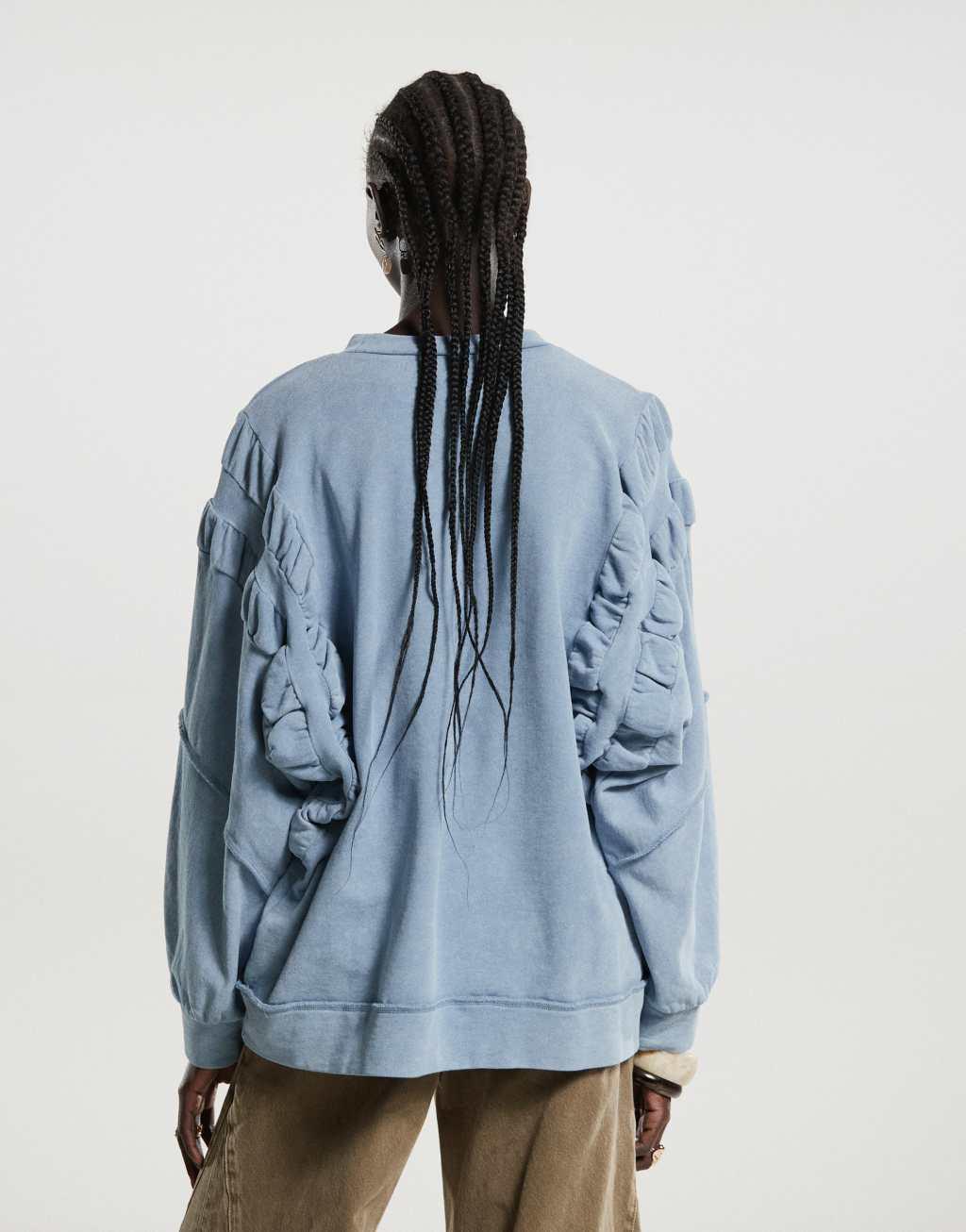 ASOS DESIGN ruched sleeve sweatshirt in washed blue Product Image