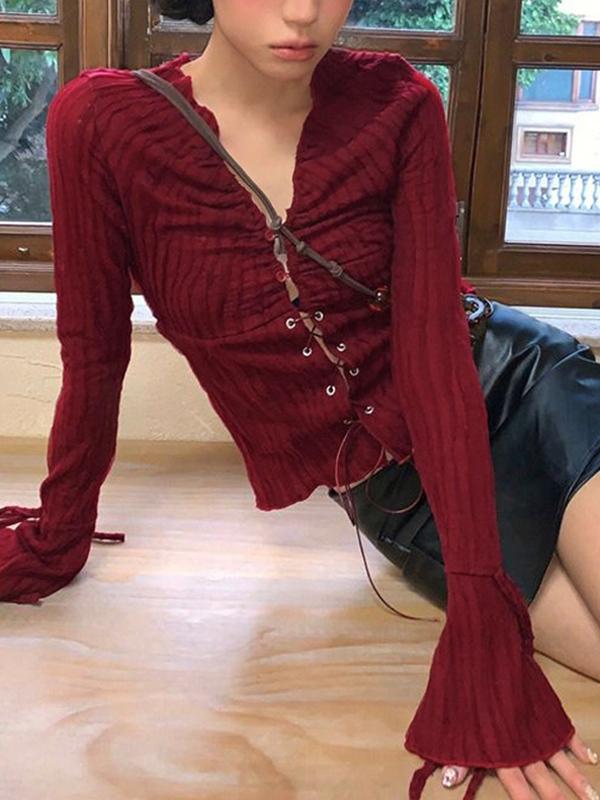V Neck Pleated Lace Up Long Sleeve Shirt Product Image