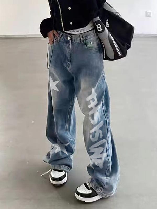 Washed Star Letter Print Boyfriend Jeans Product Image