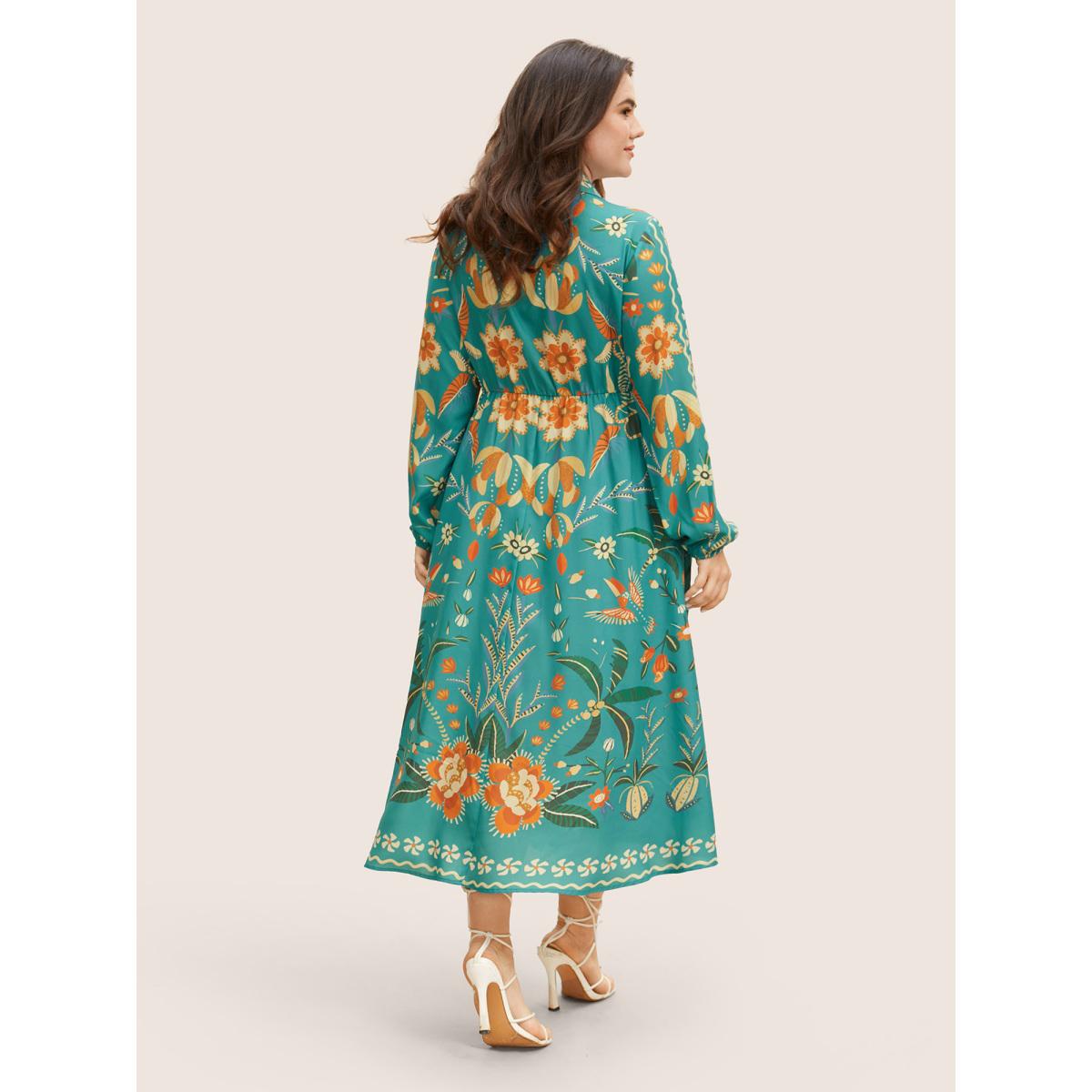 Plus Size Bandana Print Pocket Lapel Collar Elastic Cuffs Dress Emerald Women Resort Non V-neck Long Sleeve Curvy Midi Dress BloomChic 26/4X Product Image