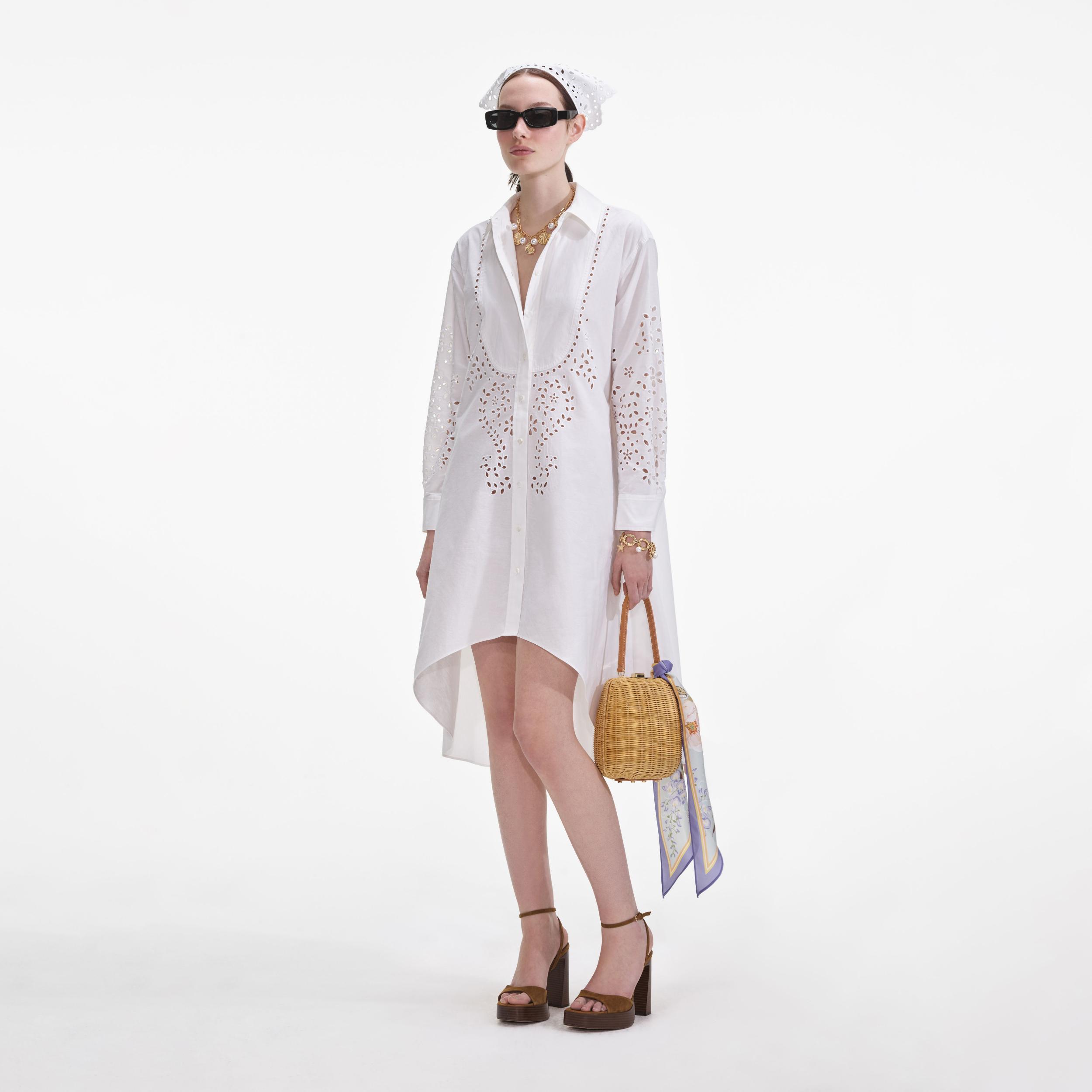 White Cotton Embroidered Shirt Dress Product Image