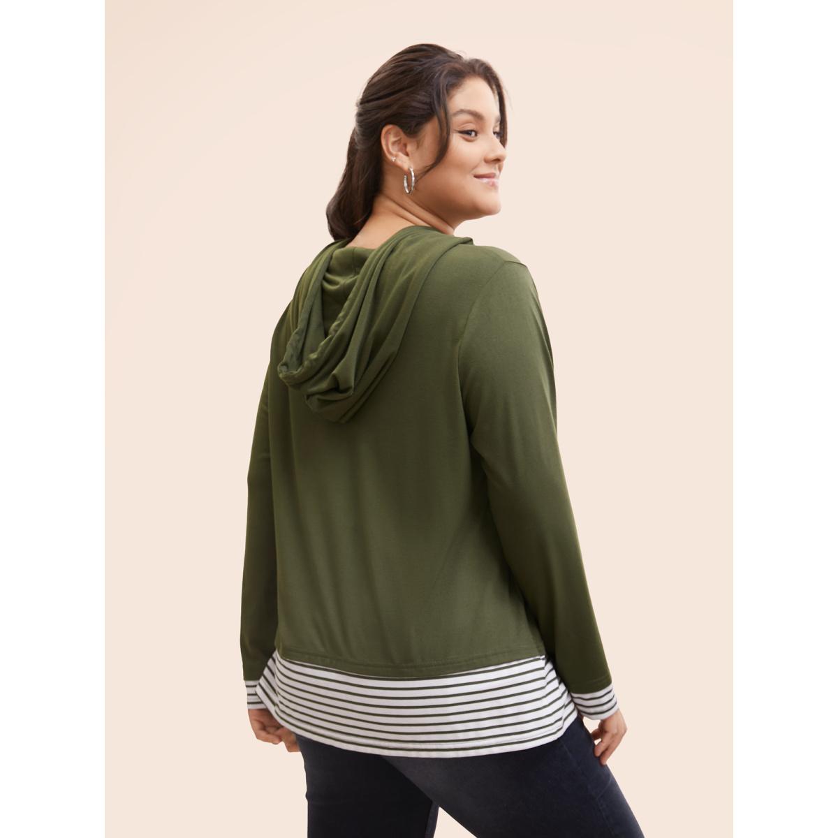Plus Size Striped Patchwork Hooded Drawstring T-shirt ArmyGreen Women Casual Patchwork Striped Hooded Dailywear T-shirts BloomChic 22-24/3X Product Image