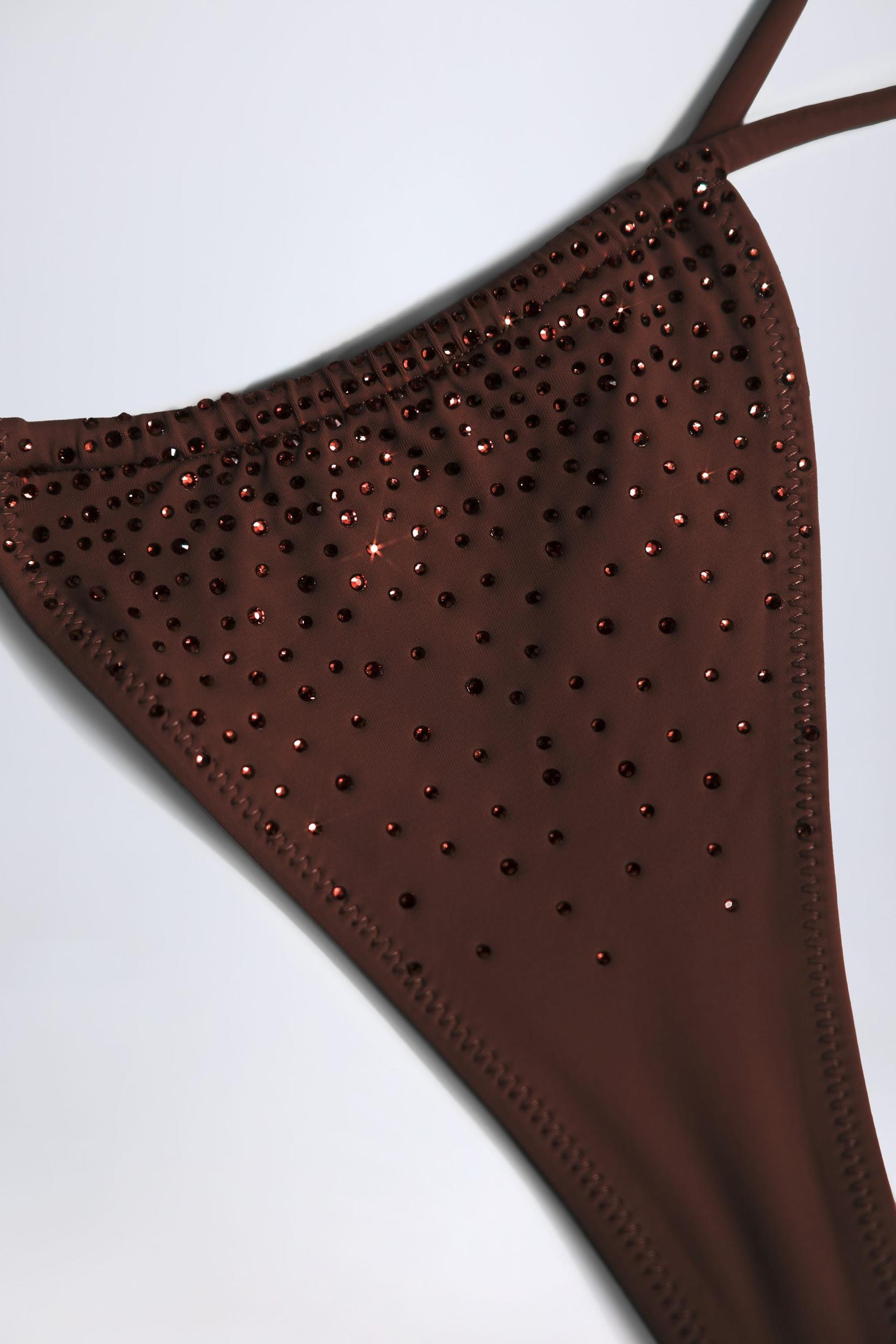 Embellished Drawstring Thong Bikini Bottoms in Chocolate Brown Product Image