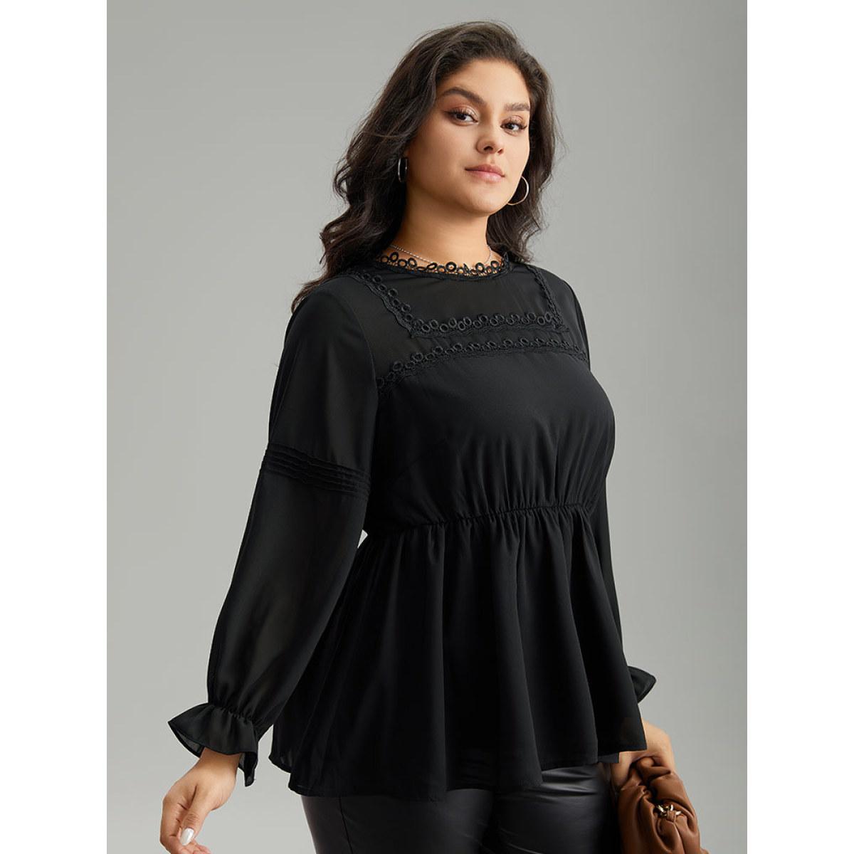 Plus Size Black Plain Ruffles Elastic Waist Lace Patchwork Blouse Women Office Long Sleeve Stand-up collar Office Blouses BloomChic 10/M Product Image