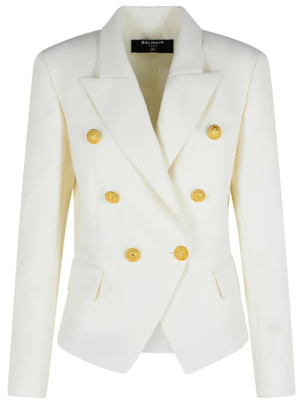 BALMAIN Double-breasted Structured Denim Blazer With Peak Lapel In White Product Image