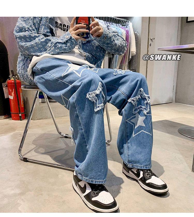 High Waist Star Applique Wide Leg Jeans Product Image