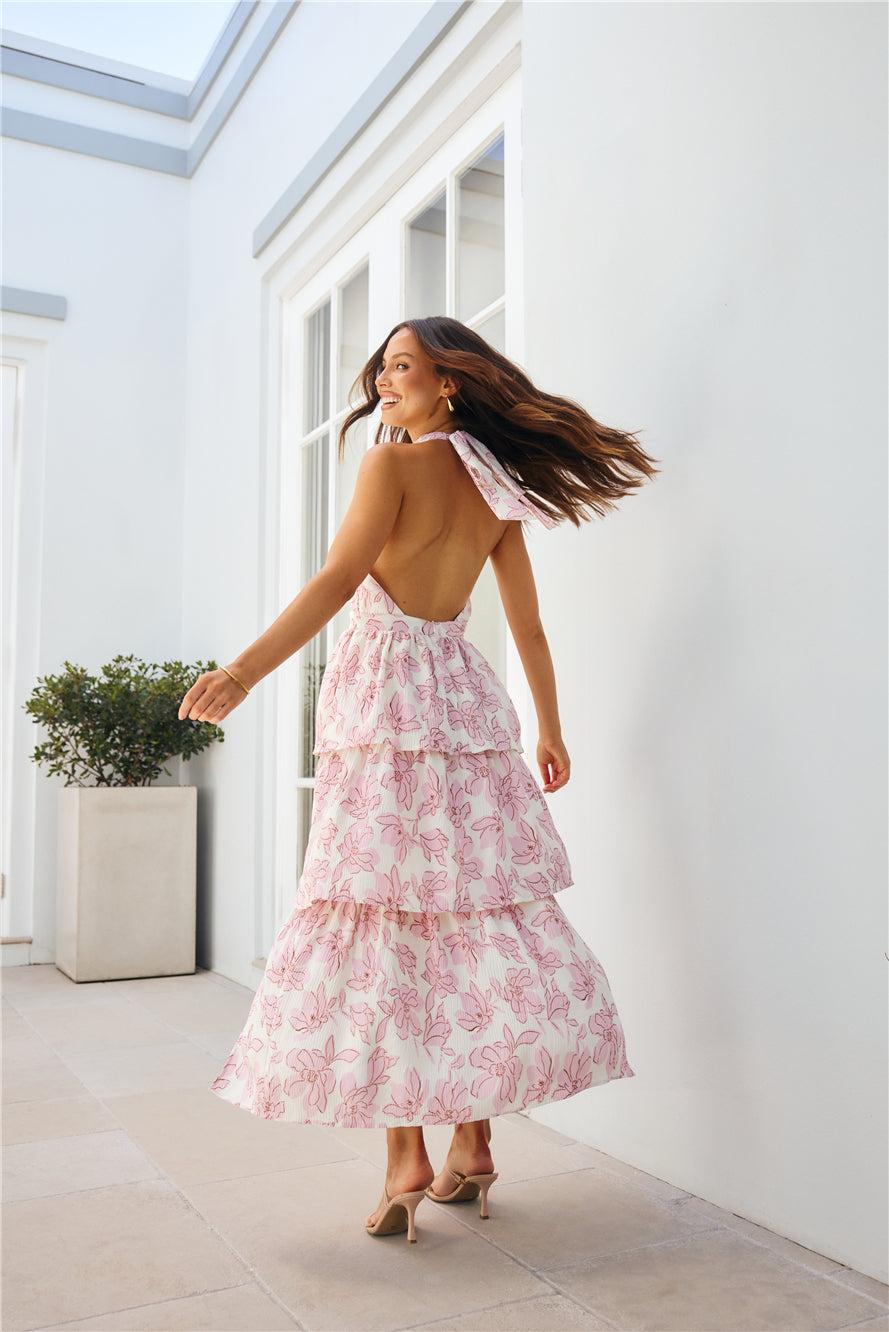 Fancy Garden Party Halter Plisse Maxi Dress Pink Product Image