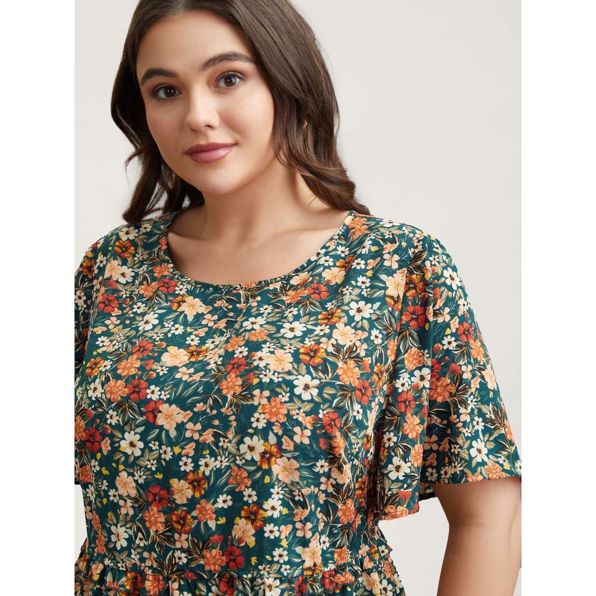 Plus Size DarkSlateGray Floral Ruffled Round Neck Shirt Women Timeless Short sleeve Round Neck Elegant Blouses BloomChic 30/6X Product Image