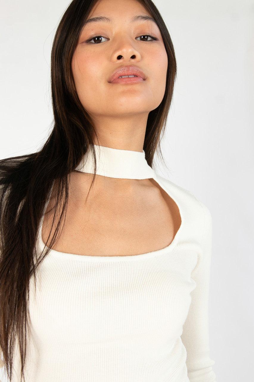 Egret Ribbed Mock Neck Cut Out Sweater Product Image