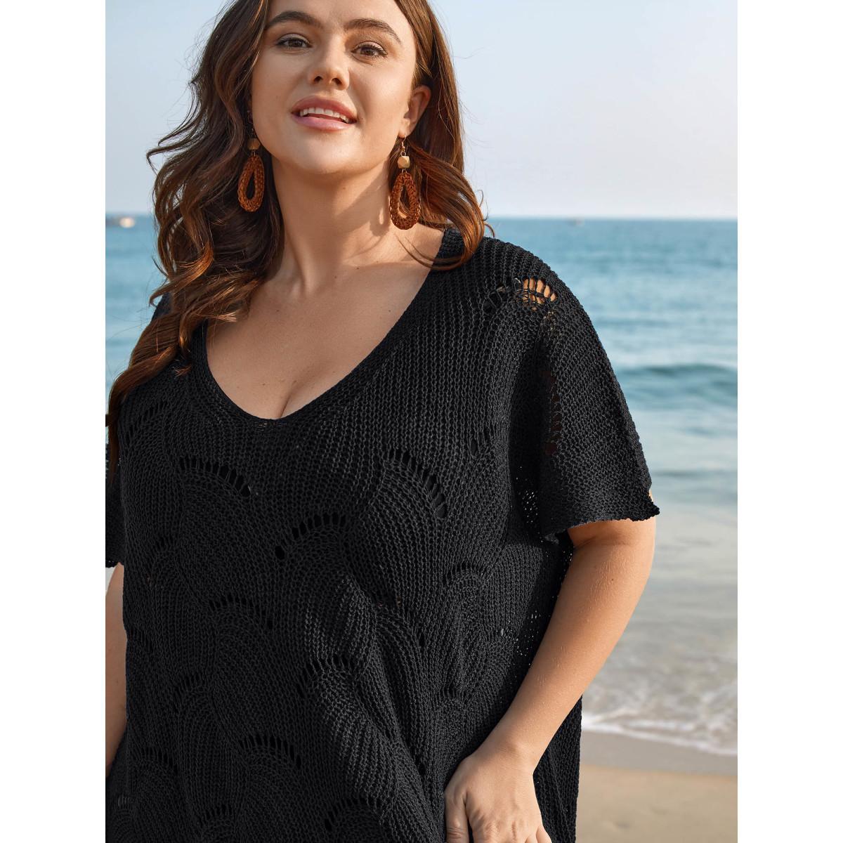 Plus Size Cut-Out Solid V-Neck Swimsuit Coverup Women's Swimwear Black Resort Loose Texture Curve Swim Cover Ups BloomChic 26/4X Product Image