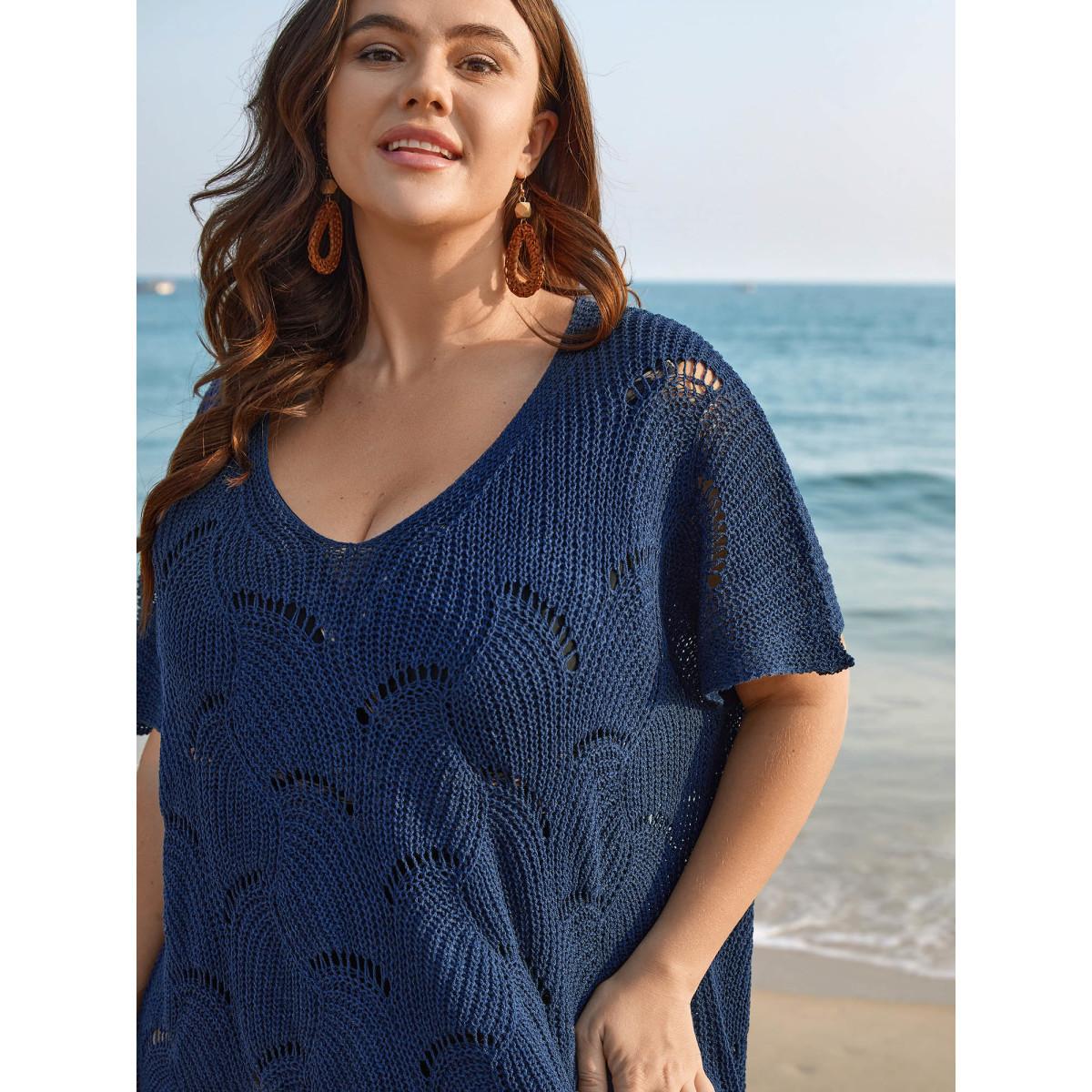 Plus Size Cut-Out Solid V-Neck Swimsuit Coverup Women's Swimwear Indigo Resort Loose Texture Curve Swim Cover Ups BloomChic 22-24/3X Product Image