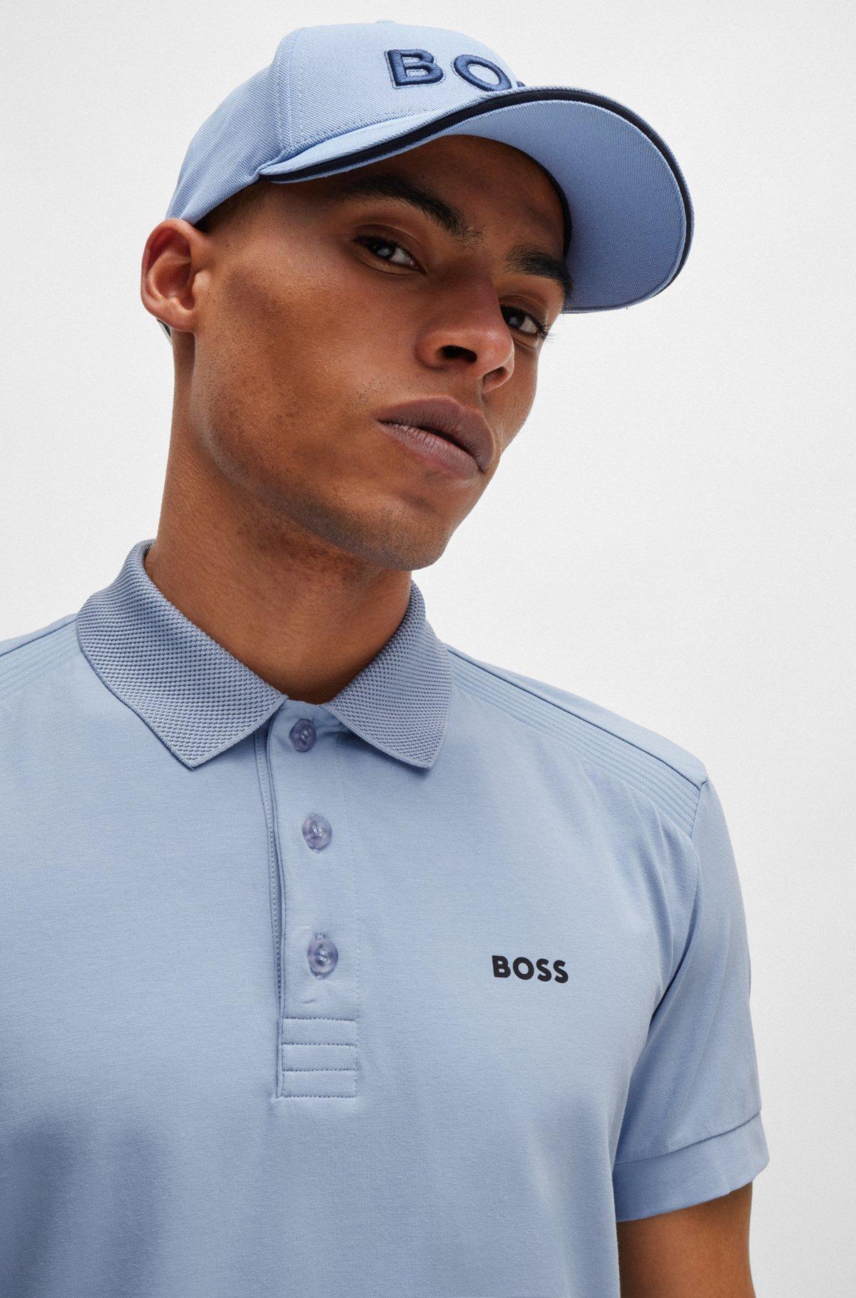 BOSS - Stretch-cotton polo shirt with striped tape inserts - Light Blue Product Image