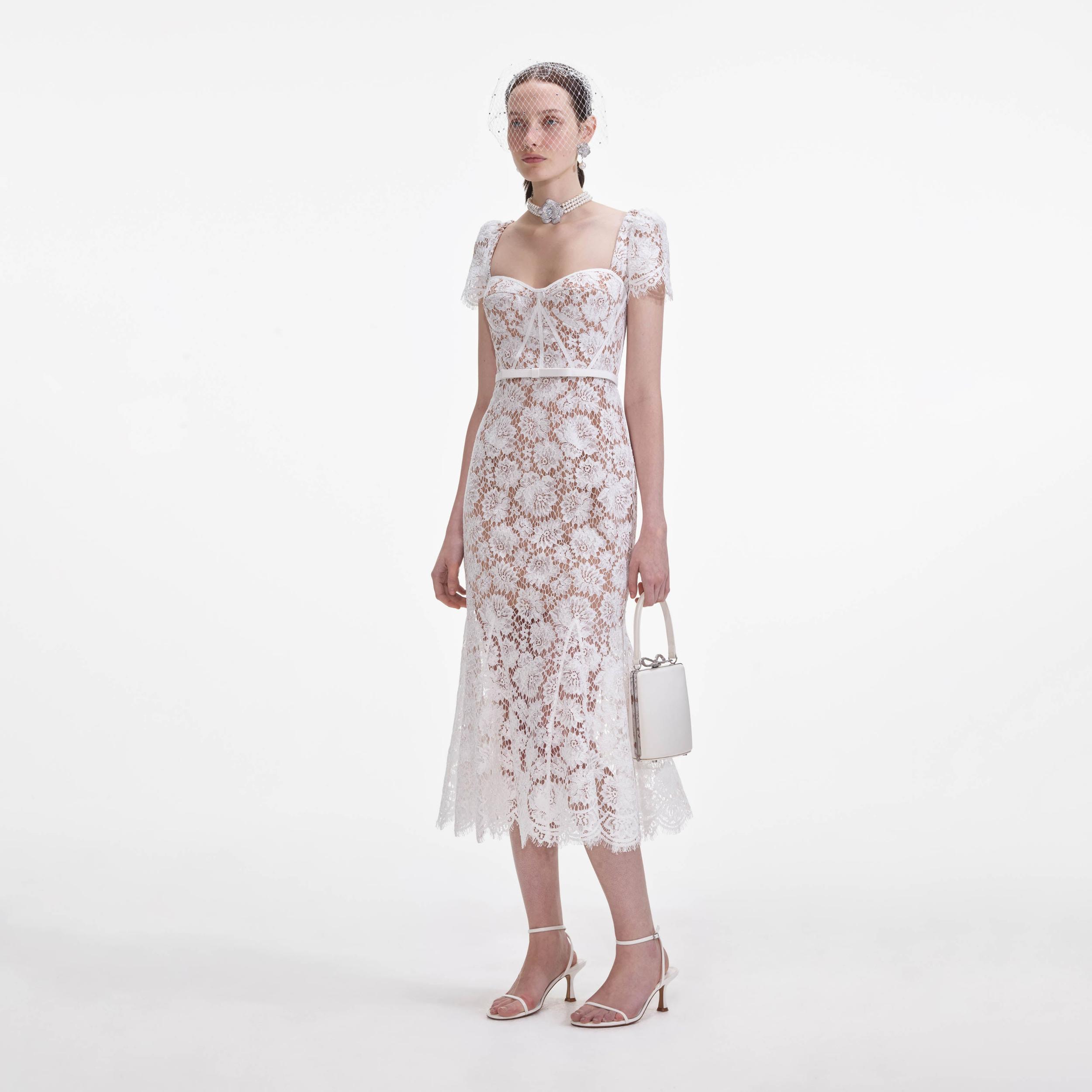 White Fine Lace Midi Dress Product Image