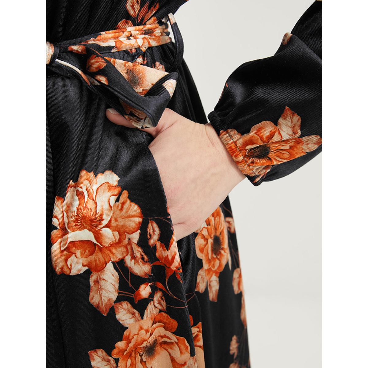 Plus Size Floral Lantern Sleeve Belted Surplice Neck Velvet Maxi Dress Black Women Elegant Cross straps V-neck Long Sleeve Curvy Long Dress BloomChic 14-16/1X Product Image