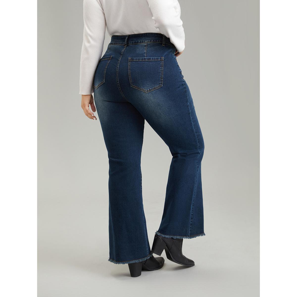 Plus Size Frayed Hem Flare Leg Button Down Jeans Women DarkBlue Casual Plain Plain High stretch Pocket Jeans BloomChic 14/1X Product Image